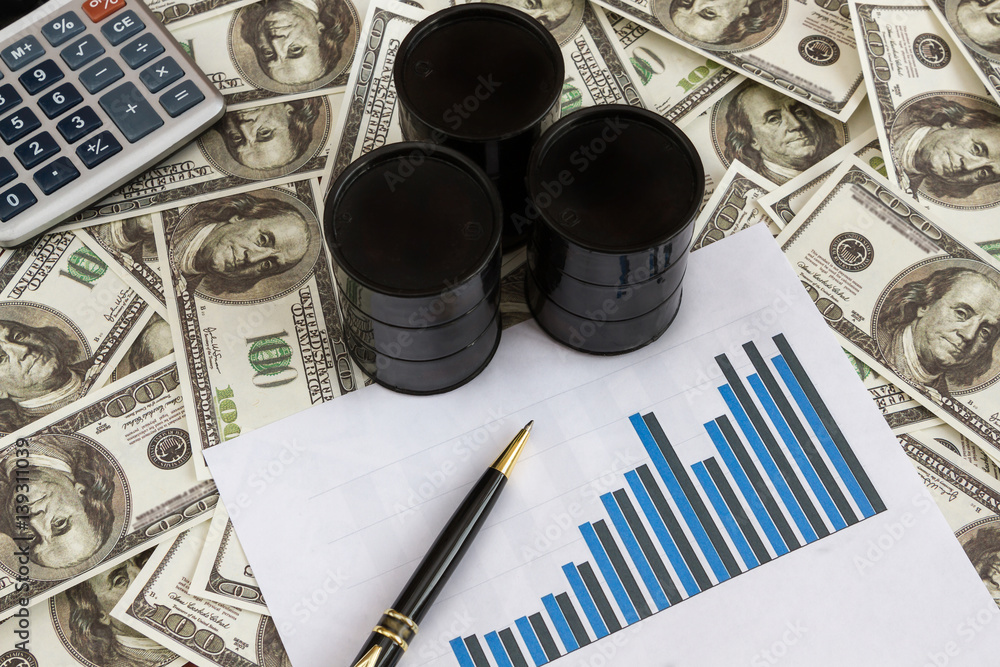 three black barrels with oil are on the money dollar bills. Estimate