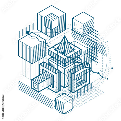 Abstract background with isometric lines  vector illustration. Template made with cubes  hexagons  squares  rectangles and different abstract elements.