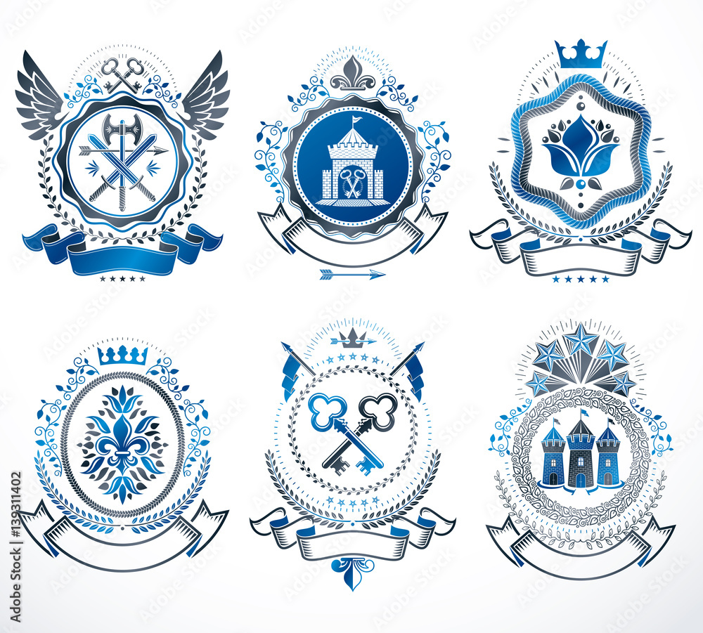 Naklejka premium Vector vintage heraldic Coat of Arms designed in award style. Medieval towers, armory, royal crowns, stars and other graphic design elements collection.