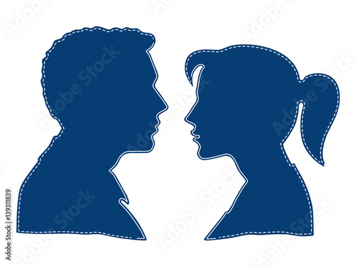 Man and woman face to face, Silhouette of the head of man and woman face to face, and linear and dashed stroke inside, isolated on white background.
