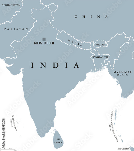 India political map with capital New Delhi, national borders and neighbor countries. Republic and subcontinent in South Asia. Gray illustration, English labeling. Isolated on white background. Vector.