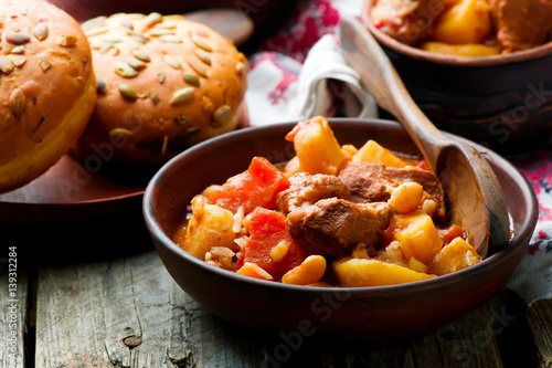 Hungarian Cholent Slow Cooker Beef-Stew.rustic style. photo