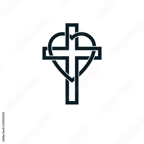 Love of God conceptual symbol combined with Christian Cross and heart, vector creative logo.