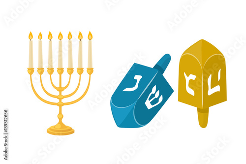 Golden jew menorah with candles hebrew religion tradition decoration flame and candelabrum hanukkah orthodox judaism holiday vector illustration.