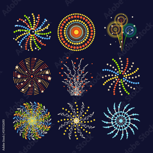 Firework different shapes colorful festive and bright carnival or birthday de...
