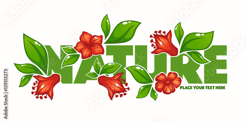 green tature, horizontal banner with images of leaves and red glossy flowers photo