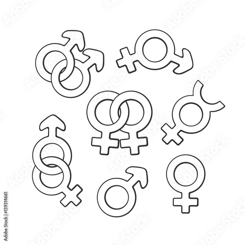 Vector illustration. Hand drawn doodle set of gender symbols. Gender pictograms. Cartoon sketch. Decoration for greeting cards, posters, emblems, wallpaper