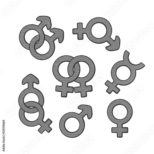 Vector illustration. Hand drawn sketch of gender symbols with scribble. Gender pictograms. Retro vintage element for greeting cards, posters, prints for clothes, banners, signboard, showcases 