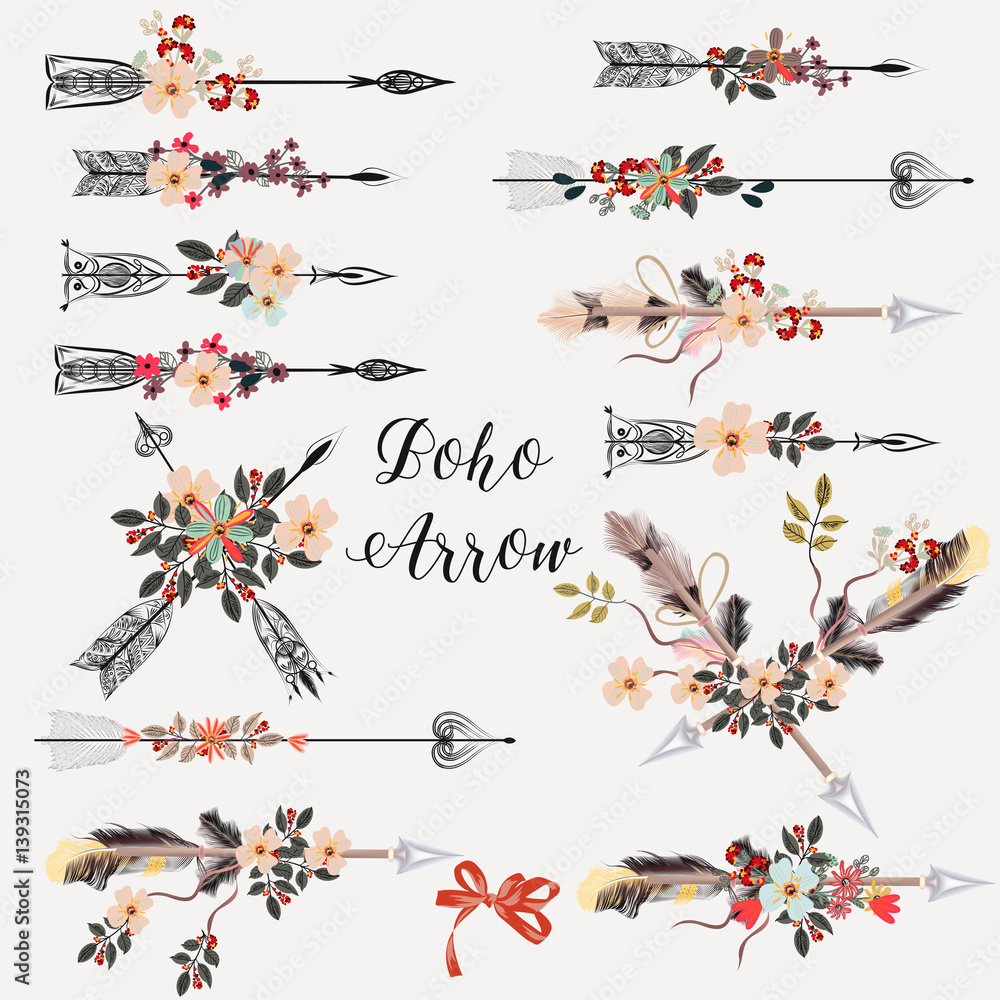 Set of boho arrows with hand drawn flowers Stock Vector | Adobe Stock