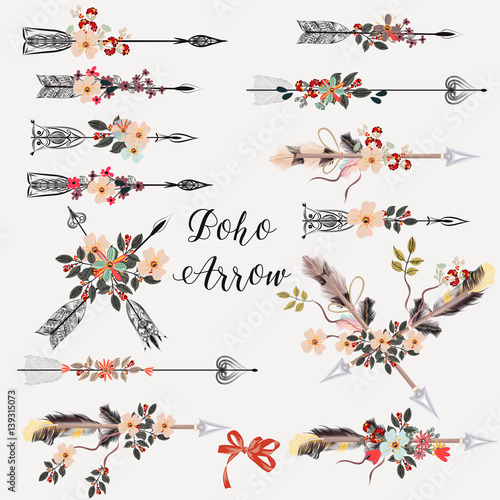 Set of boho arrows with hand drawn flowers