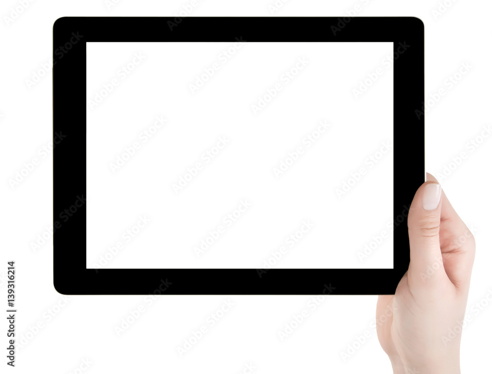 Hand holding a tablet computer with white screen. Woman hands showing empty screen of modern digital tablet. Hand holding tablet pc isolated on white background with blank screen. Hand holding a tablet computer with white screen. Woman hands showing empty screen of modern digital tablet. Hand holding tablet pc isolated on white background with blank screen.