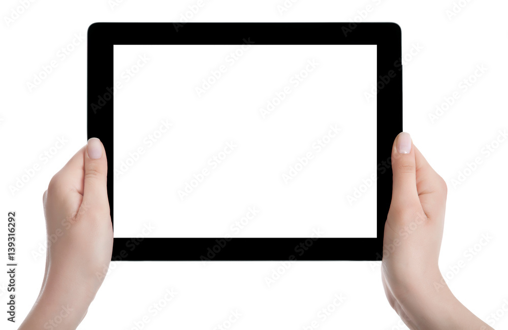 Hand holding a tablet computer with white screen. Woman hands showing empty screen of modern digital tablet. Hand holding tablet pc isolated on white background with blank screen. Hand holding a tablet computer with white screen. Woman hands showing empty screen of modern digital tablet. Hand holding tablet pc isolated on white background with blank screen.