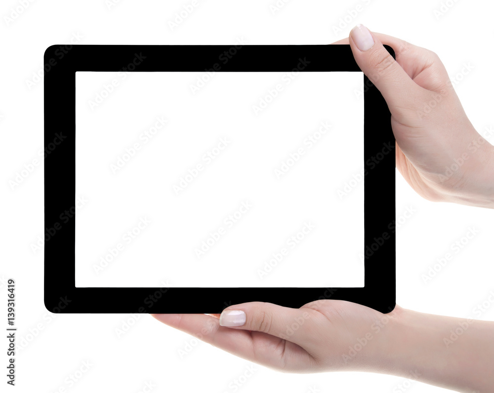 Hand holding a tablet computer with white screen. Woman hands showing empty screen of modern digital tablet. Hand holding tablet pc isolated on white background with blank screen. Hand holding a tablet computer with white screen. Woman hands showing empty screen of modern digital tablet. Hand holding tablet pc isolated on white background with blank screen.