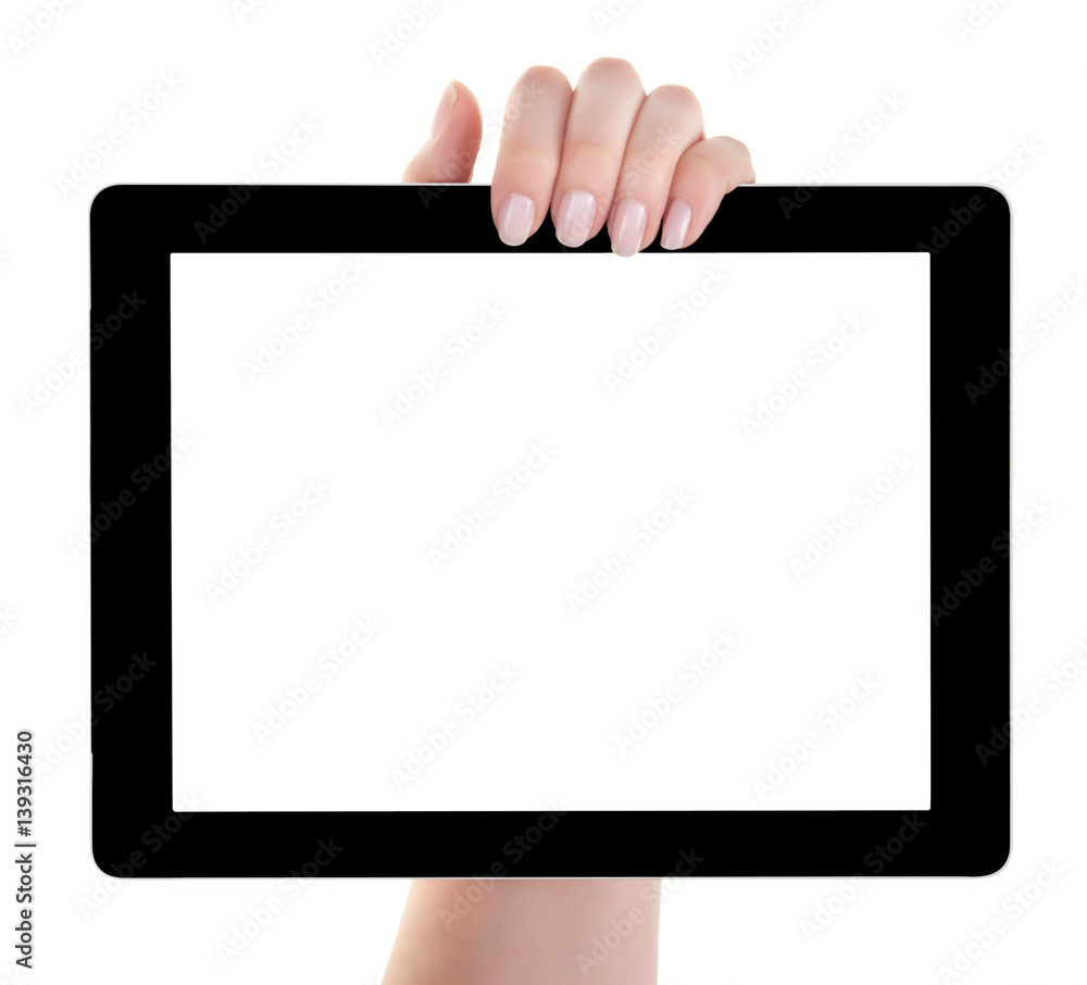 Hand holding a tablet computer with white screen. Woman hands showing empty screen of modern digital tablet. Hand holding tablet pc isolated on white background with blank screen. Hand holding a tablet computer with white screen. Woman hands showing empty screen of modern digital tablet. Hand holding tablet pc isolated on white background with blank screen.