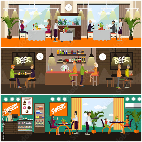 Vector set of pub and restaurant concept posters, flat style