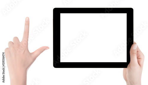 Hand holding a tablet computer with white screen. Woman hands showing empty screen of modern digital tablet. Hand holding tablet pc isolated on white background with blank screen.