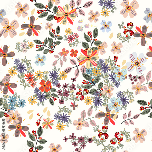 Floral pastel color pattern with spring flowers. Cute design style