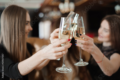 Portrait of happy young friends touching the glasses with each other