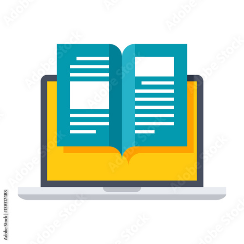 eBook icon with laptop and book in flat style
