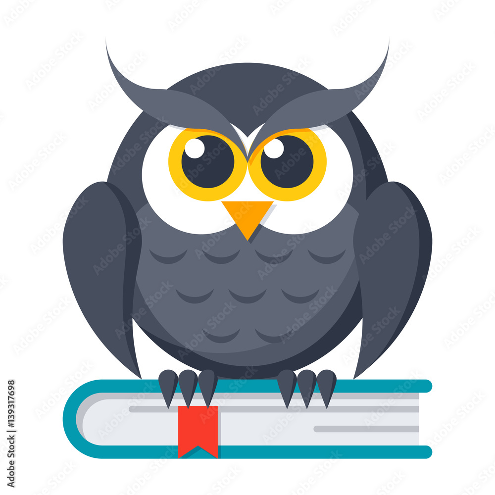 Fototapeta premium Knowledge concept with owl on book, vector illustration in flat style