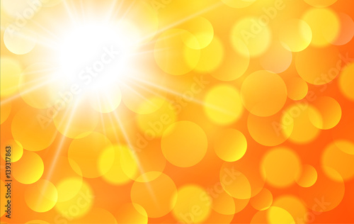 Orange sunny background, vector abstract sun and bokeh 