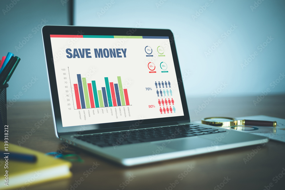 Business Charts and Graphs on screen with SAVE MONEY title Business Charts and Graphs on screen with SAVE MONEY title