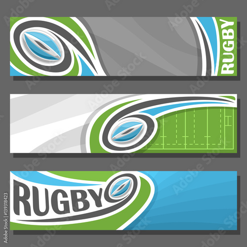 Vector horizontal Banners for Rugby: 3 cartoon covers for title text on rugby theme, sports field with blue oval flying on trajectory ball, abstract headers banner for advertising on gray background.
