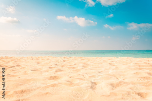 Fototapeta Naklejka Na Ścianę i Meble -  Sea view from tropical beach with sunny sky. Summer paradise beach website design. Tropical shore. Tropical sea in Maldives. Exotic summer beach sky clouds on horizon. Ocean beach relax outdoor travel