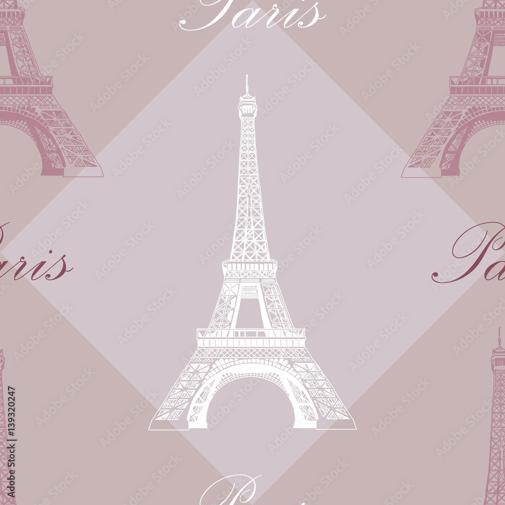 Seamless pattern with Eiffel tower on grey and purple background