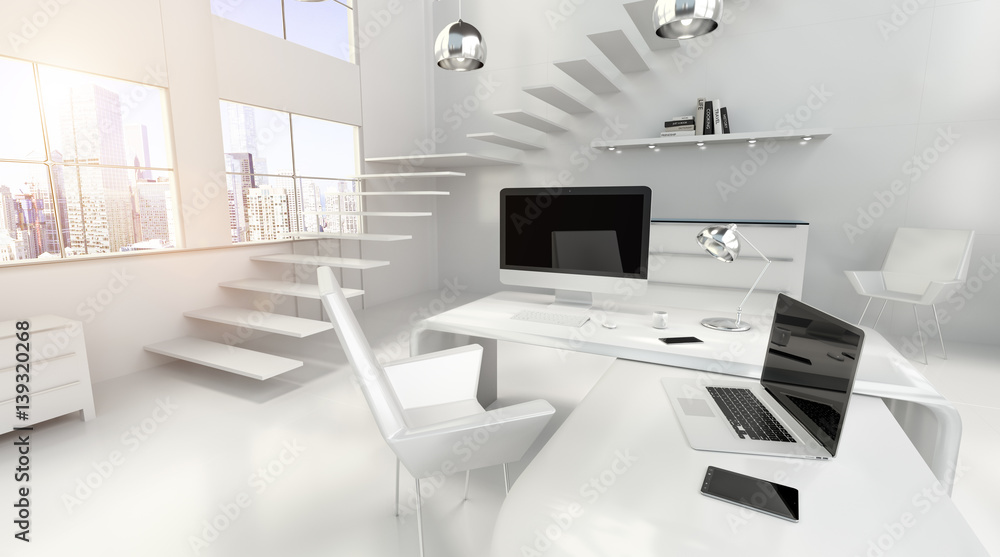 Fototapeta premium Modern white office interior with computer and devices 3D rendering