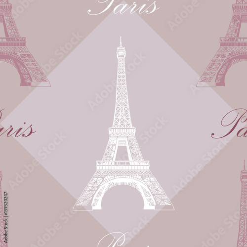 Seamless pattern with Eiffel tower on grey and purple background