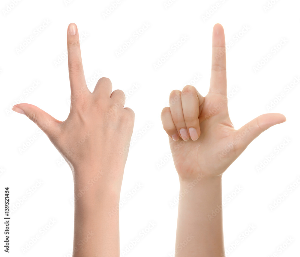Woman hand pointing up with index finger or touching screen back hand side isolated on white background. Woman hand pointing up with index finger or touching screen back hand side isolated on white background.