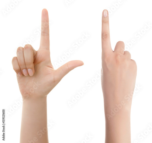 Woman hand pointing up with index finger or touching screen back hand side isolated on white background.