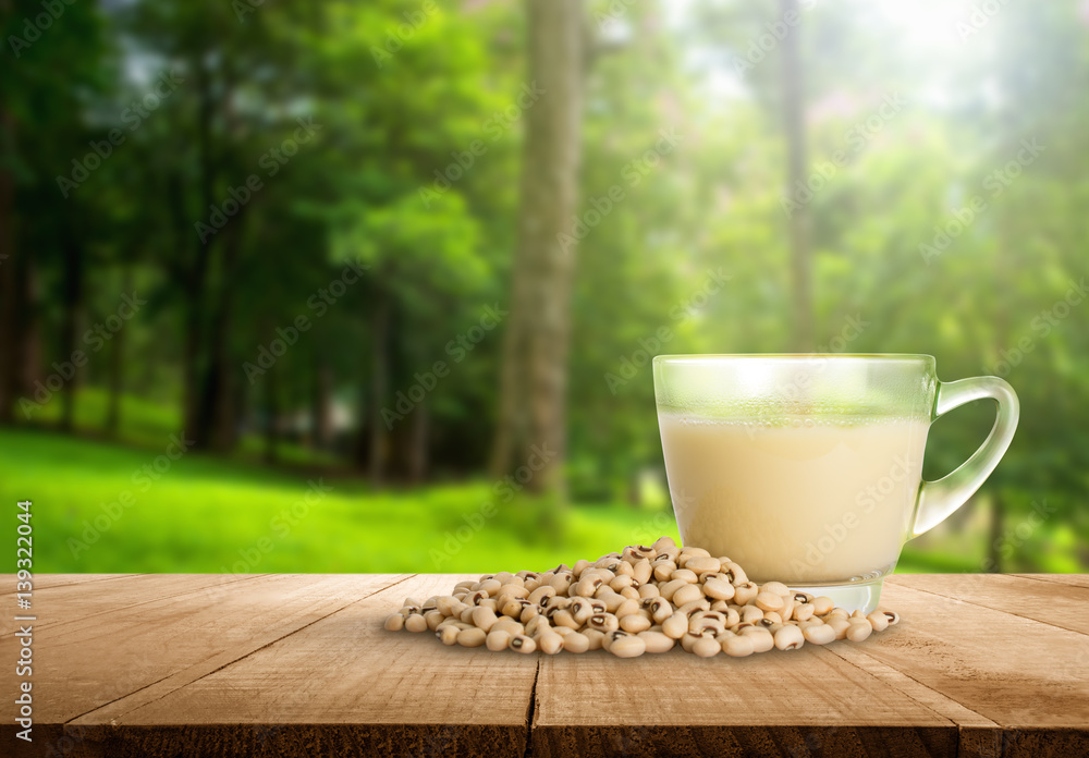 Soy milk cup and soy bean with abstract blurred forest nature background. Soy milk cup and soy bean with abstract blurred forest nature background.