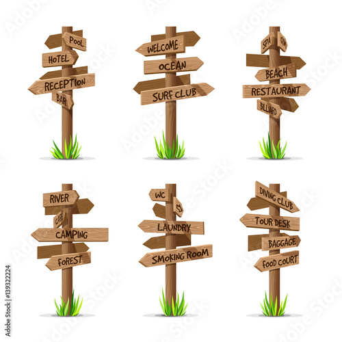 Wooden arrow signboards resort vector set. Wood sign post concept with grass. Board pointer illustration with text isolated on a white background