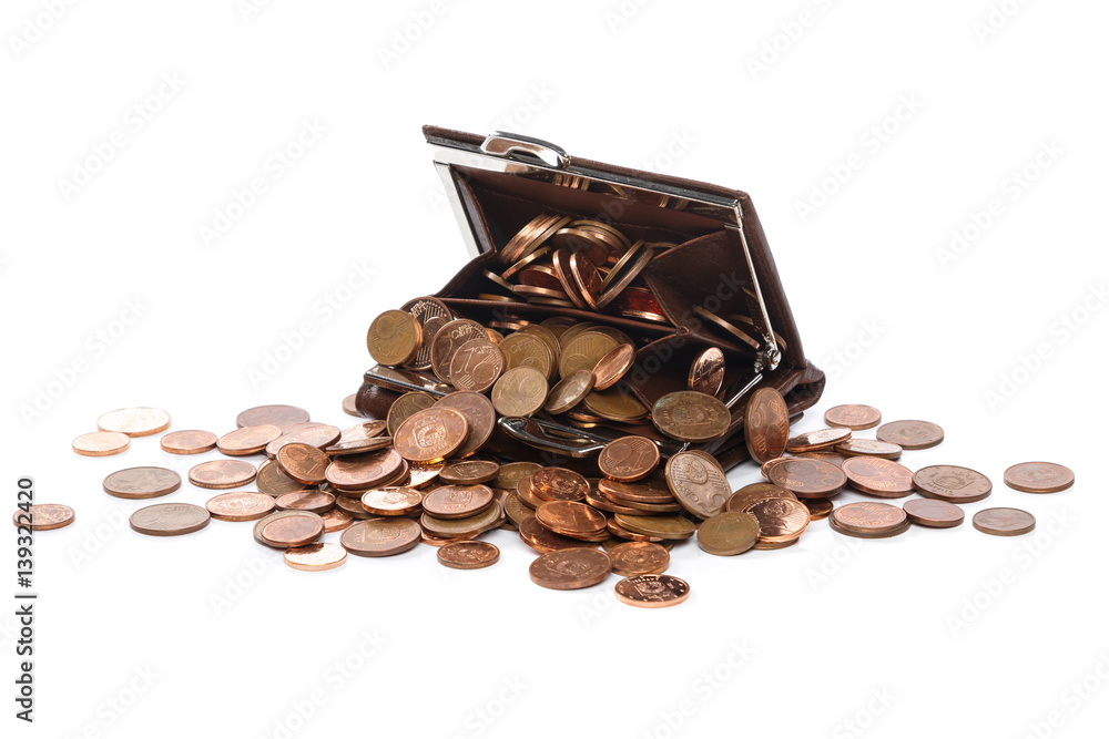 Leather wallet with a lot of euro cent coins Leather wallet with a lot of euro cent coins