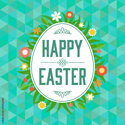 Happy easter type font headline and divider in egg shape frame around with grass and flower on triangle pattern background