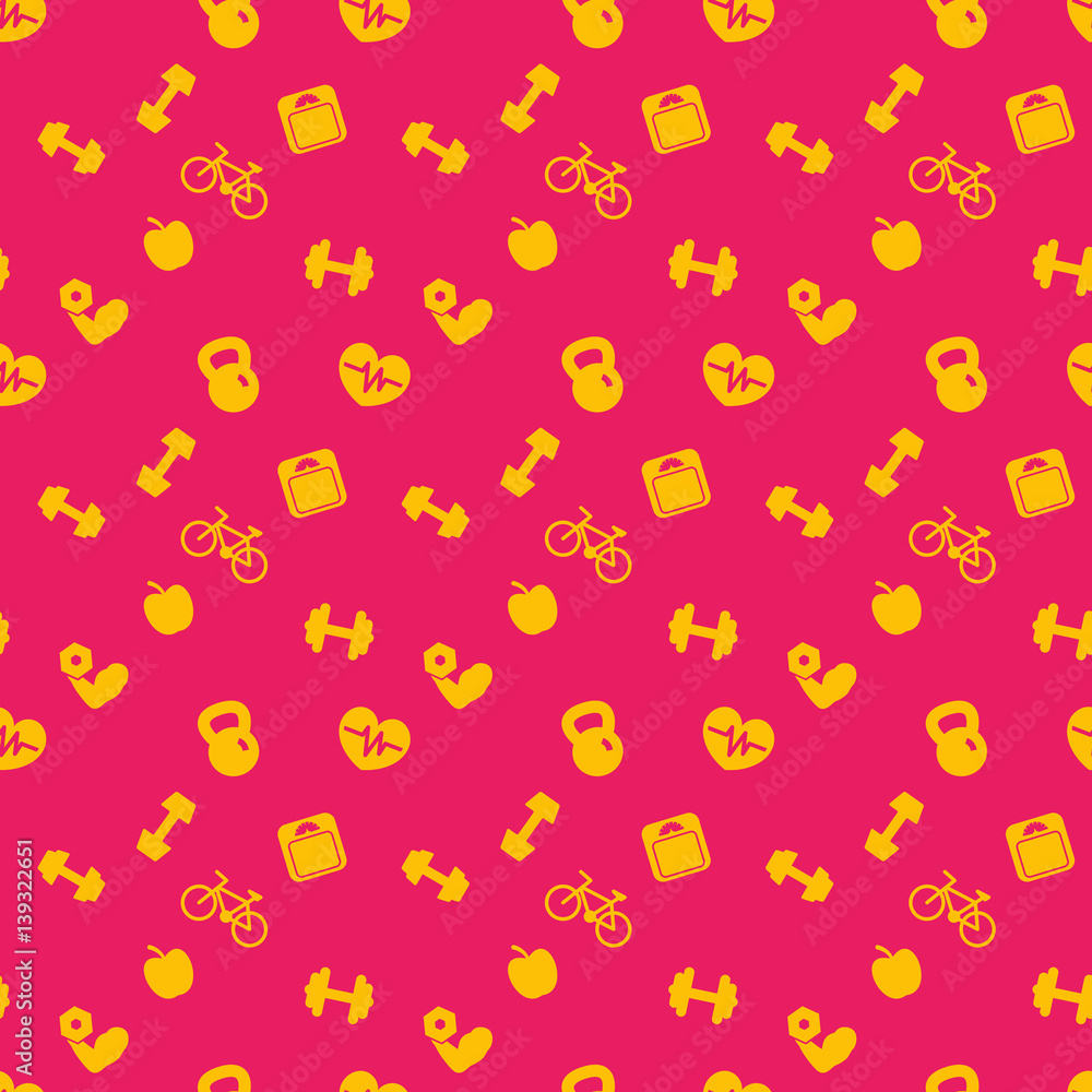 seamless pattern with fitness icons, background in orange and red, vector illustration seamless pattern with fitness icons, background in orange and red, vector illustration