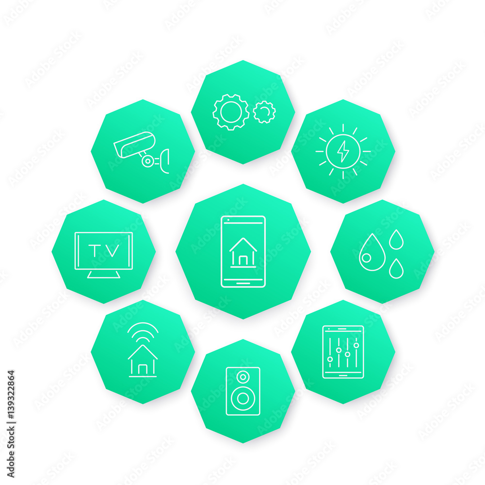 Smart House line icon, modern pictograms on green octagon shapes Smart House line icon, modern pictograms on green octagon shapes