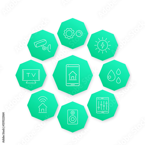 Smart House line icon, modern pictograms on green octagon shapes