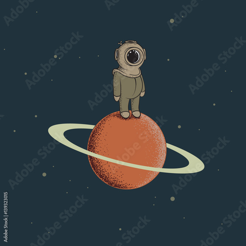 Spaceman like a diver standing on the red planet