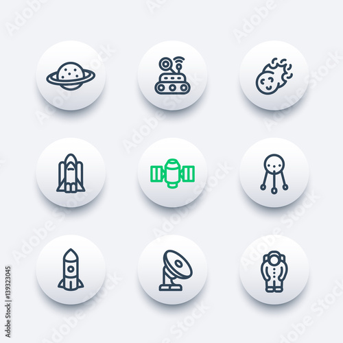 Space icons set in line style, planet with asteroid belt, comet, astronaut, satellite, space probe, shuttle, radio telescope
