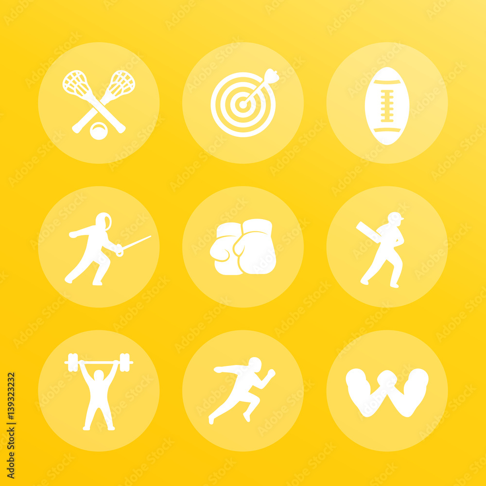 Φωτογραφία sports icons set, archery, boxing, lacrosse, cricket, running, arm wrestling, fe