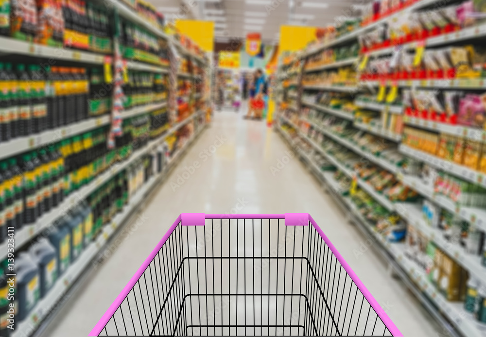 Abstract blurred photo of store with trolley in department store background