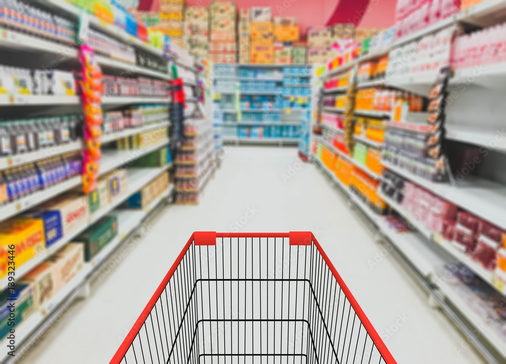 Abstract blurred photo of store with trolley in department store background Abstract blurred photo of store with trolley in department store background