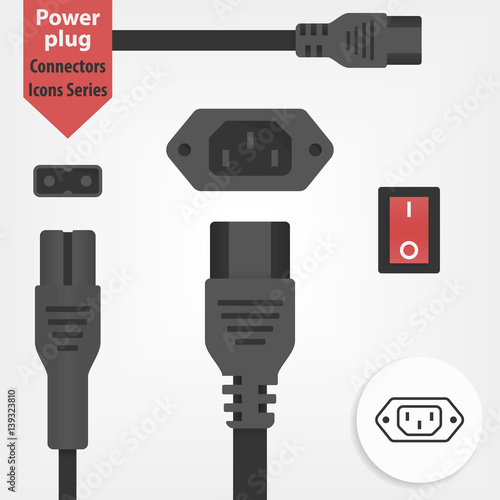 Three prong plug of and electrical power plug. PC power cord: 3-pin, 2-pin, red key (on of) and line interface icon isolated on white background.