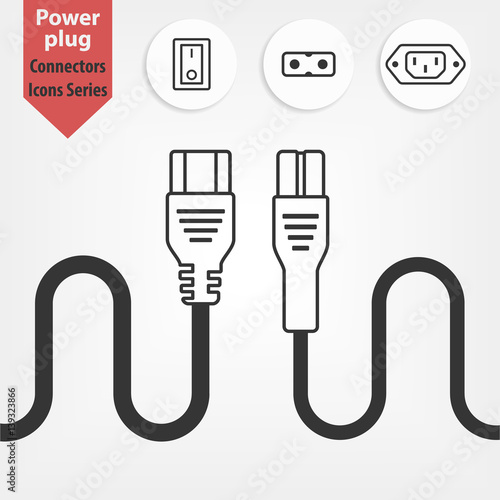 PC power cord: 3-pin, 2-pin line interface icon isolated on white background. sockets and button flat icons