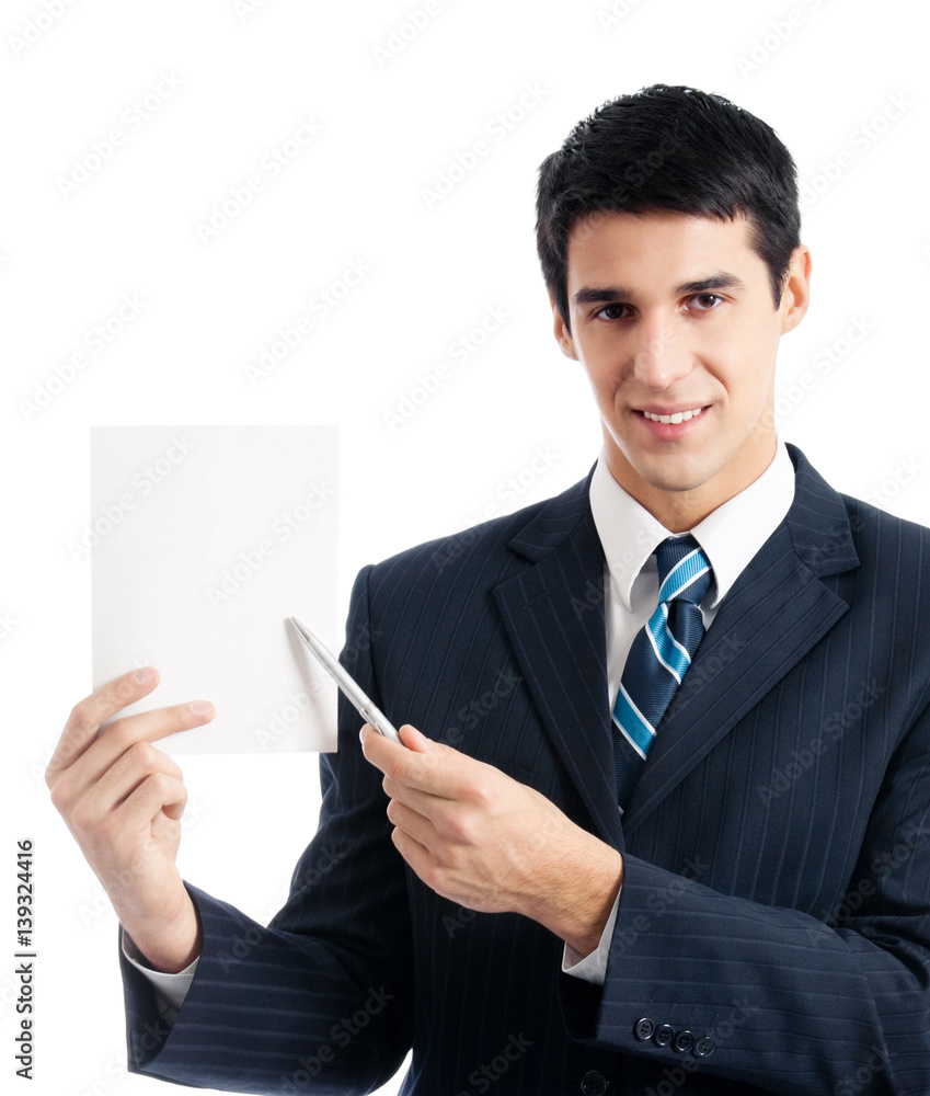 businessman showing signboard with copyspase businessman showing signboard with copyspase