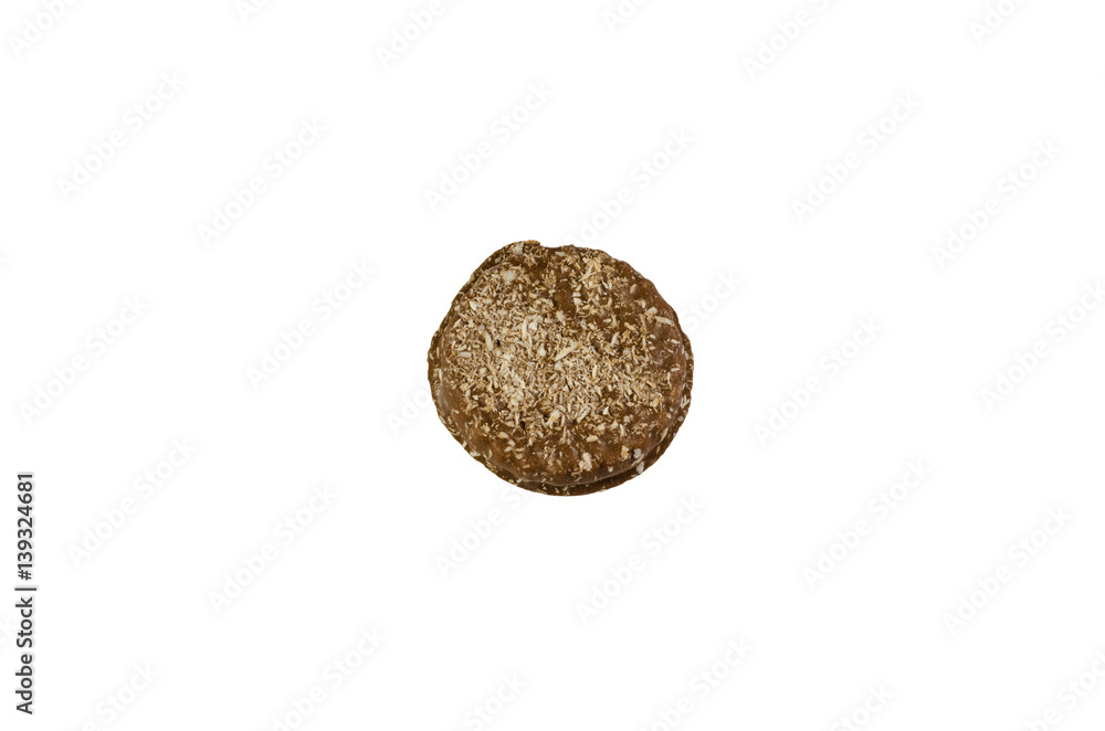 Chocolate cookie sprinkled with coconut isolated on white Chocolate cookie sprinkled with coconut isolated on white