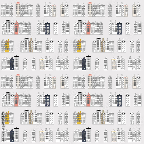 Vector seamless pattern with  rows of typical dutch canal houses  in Amsterdam, the Netherlands. Stylized facades of old buildings in retro pastel colors. Isolated on beige background. 
